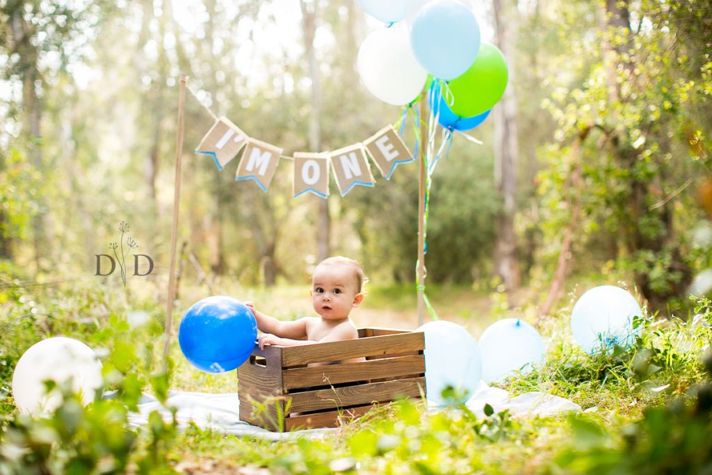 First Birthday Photos with Balloons and Crate