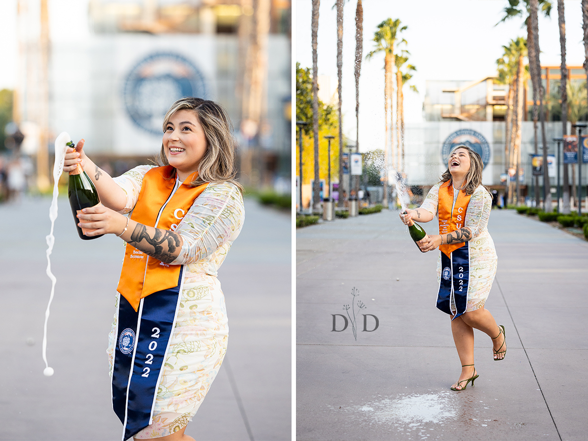 Cal State Fullerton Grad Photo with Champagne