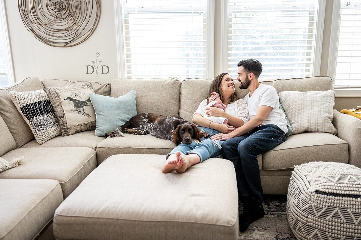 Lifestyle Family Photos on their Couch with Dog