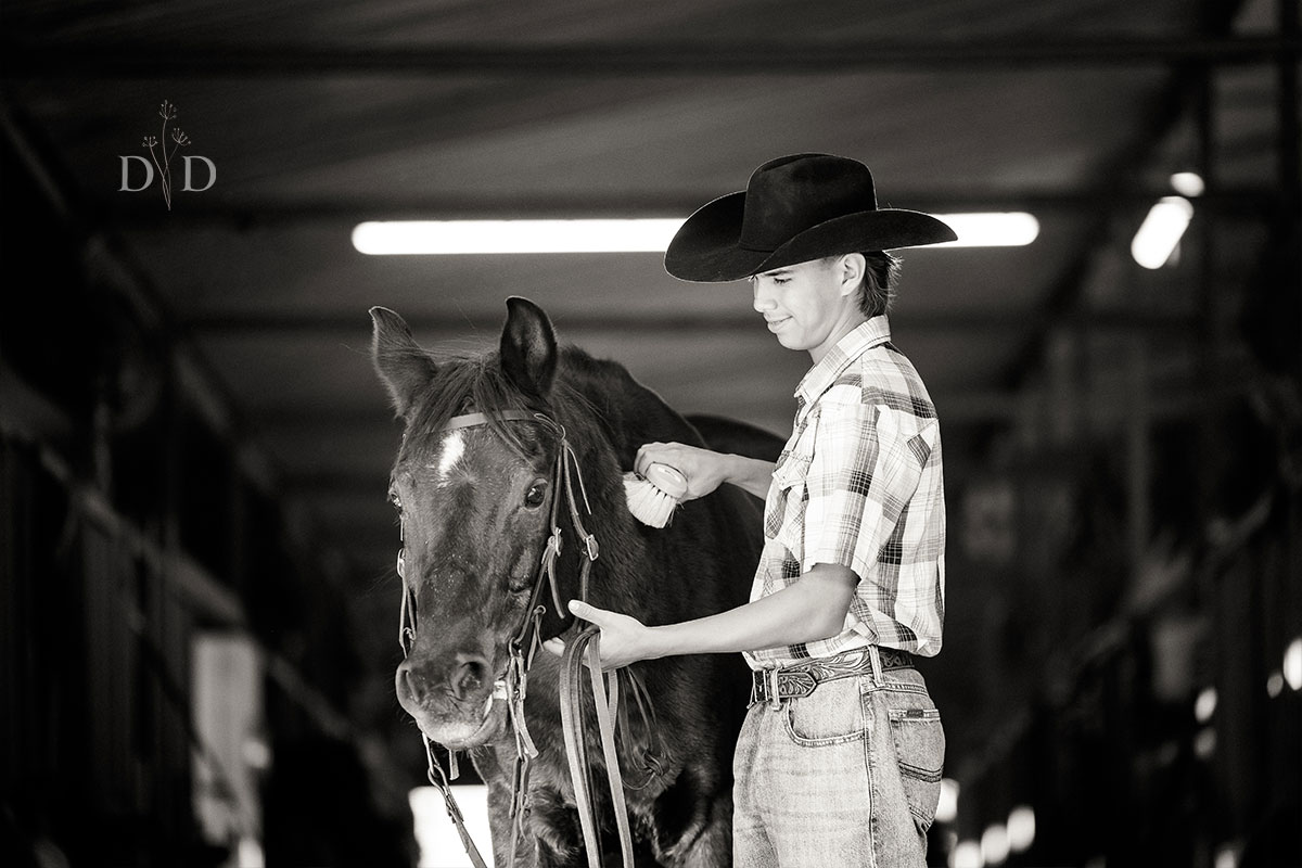 Grooming his horse